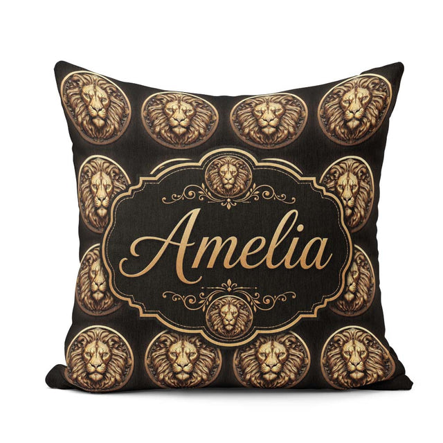 Custom Name Golden Lion Head Medallion on Black Seamless Pattern Square Filled Cushion Throw Pillow Sofa Bed Home Decor Zip Washable UK Made