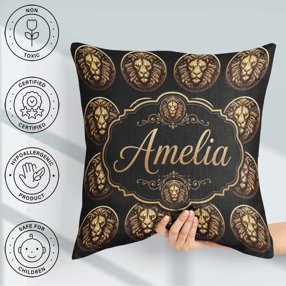 Custom Name Golden Lion Head Medallion on Black Seamless Pattern Square Filled Cushion Throw Pillow Sofa Bed Home Decor Zip Washable UK Made