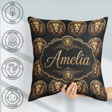 Custom Name Golden Lion Head Medallion on Black Seamless Pattern Square Filled Cushion Throw Pillow Sofa Bed Home Decor Zip Washable UK Made