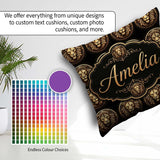 Custom Name Golden Lion Head Medallion on Black Seamless Pattern Square Filled Cushion Throw Pillow Sofa Bed Home Decor Zip Washable UK Made