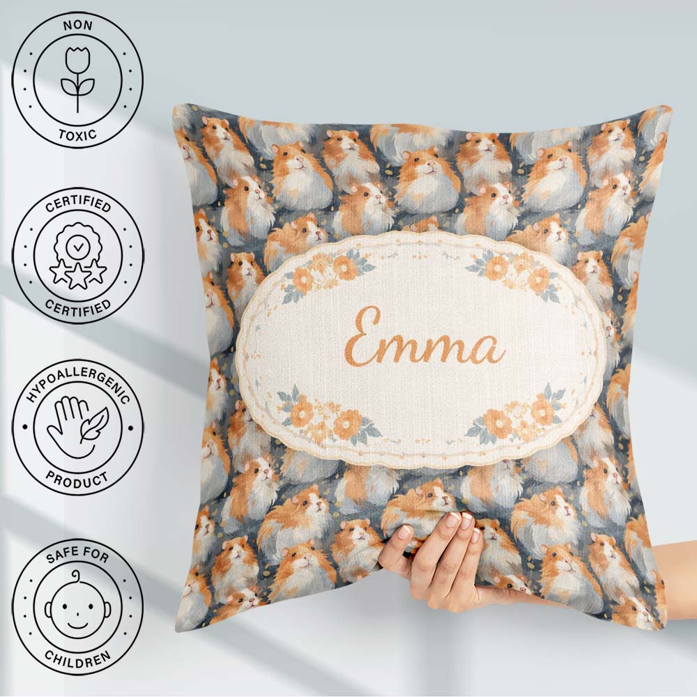 Custom Name Realistic Fluffy Hamster Background Seamless Pattern Square Filled Cushion Throw Pillow Sofa Bed Home Decor Zip Washable UK Made