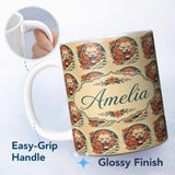 Personalized Custom Name Roaring Lion with Waves and Floral Elements Seamless Pattern Name 11oz Ceramic Coffee Tea Mug White Large Handle