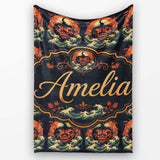 Dark Halloween Pumpkin Demon Face Seamless Pattern Spooky Design  Personalised Custom Name Super Soft Fleece Blanket Bed Sofa Throw