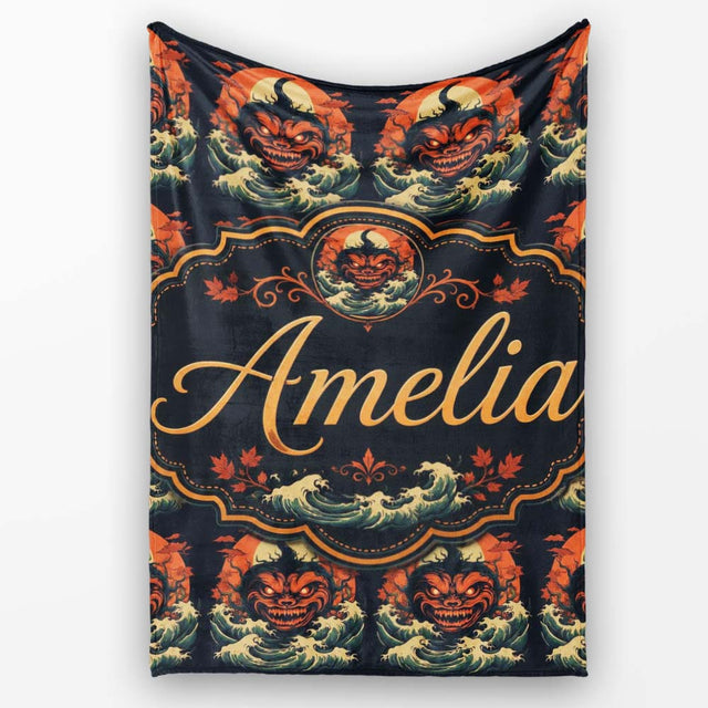 Dark Halloween Pumpkin Demon Face Seamless Pattern Spooky Design  Personalised Custom Name Super Soft Fleece Blanket Bed Sofa Throw