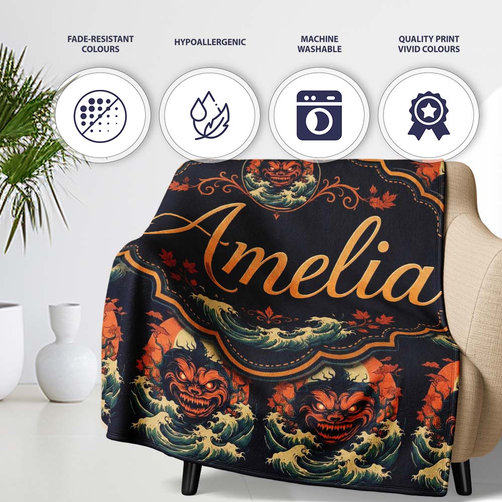 Dark Halloween Pumpkin Demon Face Seamless Pattern Spooky Design  Personalised Custom Name Super Soft Fleece Blanket Bed Sofa Throw