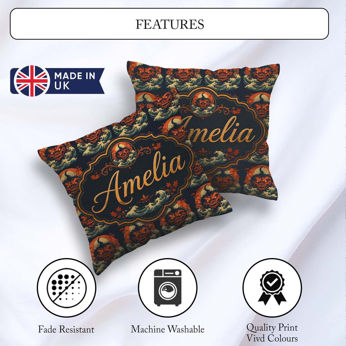 Custom Name Dark Halloween Pumpkin Demon Seamless Pattern Spooky Square Filled Cushion Throw Pillow Sofa Bed Home Decor Zip Washable UK Made