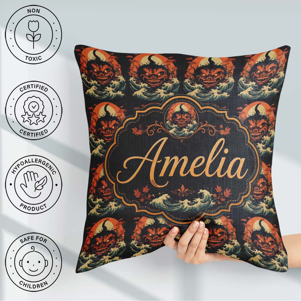 Custom Name Dark Halloween Pumpkin Demon Seamless Pattern Spooky Square Filled Cushion Throw Pillow Sofa Bed Home Decor Zip Washable UK Made
