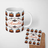 Personalized Custom Name Scary Jack O Lantern Pumpkin Illustration Seamless Pattern 11oz Ceramic Coffee Tea Mug White Large Handle