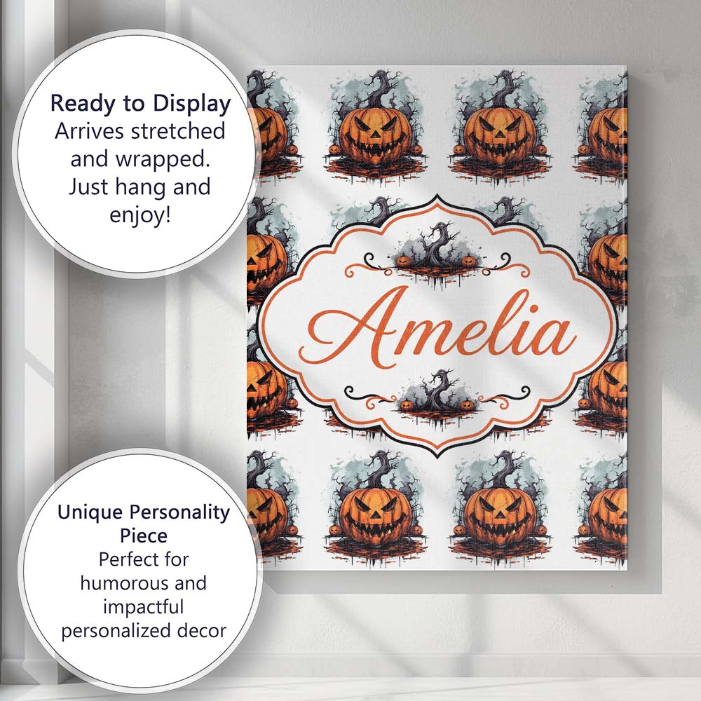 Personalised Name Scary Jack O Lantern Custom  Modern Room Accent Elegant Feature Canvas Wall Art Print Decor Picture Ready to Hang