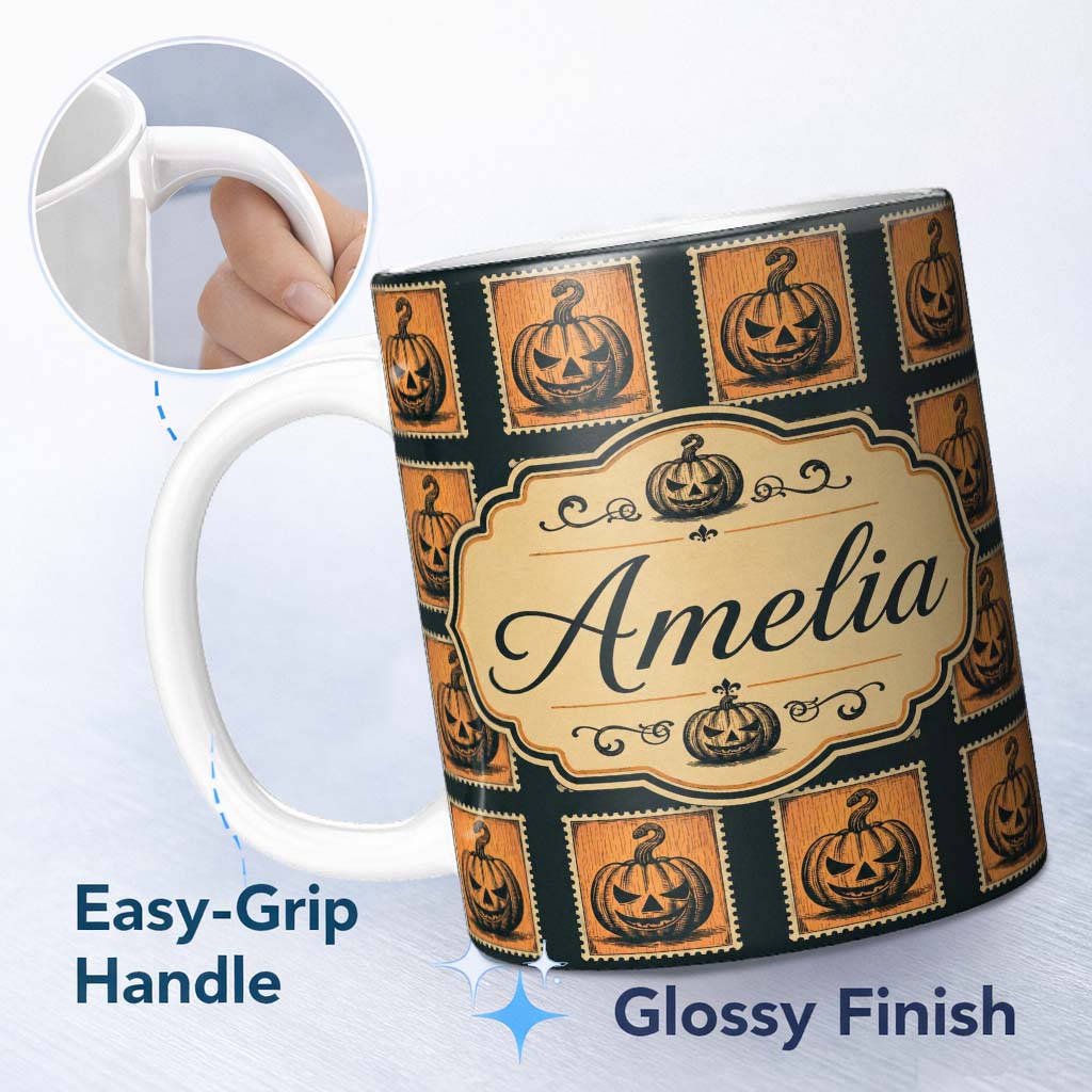 Personalized Custom Name Vintage Pumpkin Stamp Design Seamless Pattern Halloween Theme Name 11oz Ceramic Coffee Tea Mug White Large Handle
