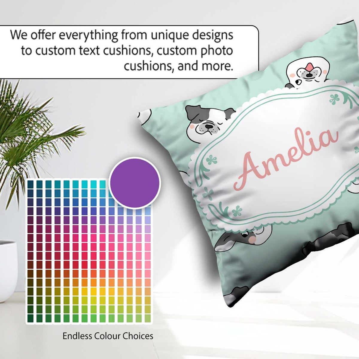 Custom Name Cute French Bulldog Teal Background Seamless Pattern Square Filled Cushion Throw Pillow Sofa Bed Home Decor Zip Washable UK Made