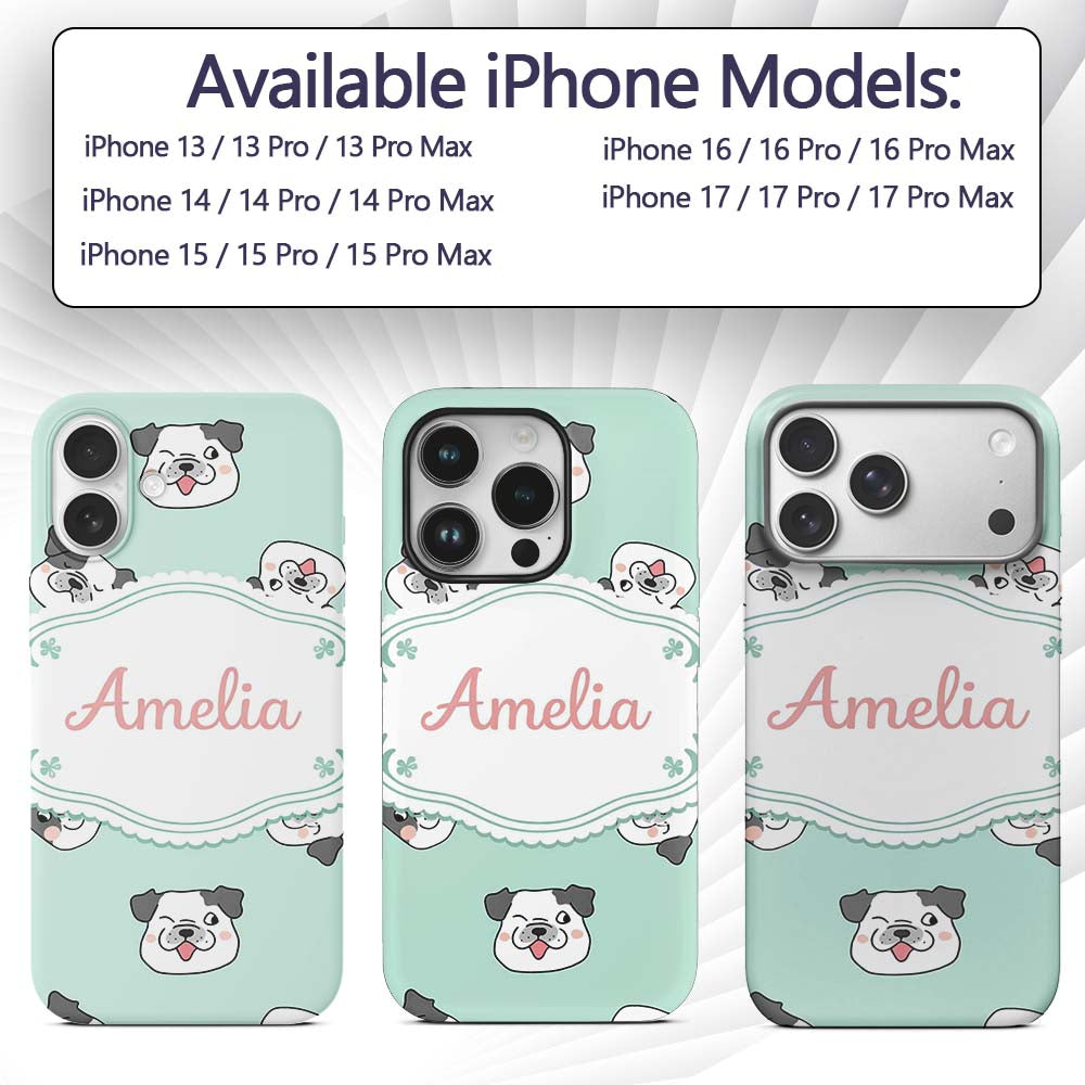 Cute French Bulldog Faces Teal Printed Design Custom Name Protective Phone Case Mobile Cover Durable Everyday Smartphone Shock Resistant