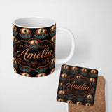 Personalized Custom Name Haunted Pumpkin Landscape with Moon and Trees Seamless Pattern Name 11oz Ceramic Coffee Tea Mug White Large Handle
