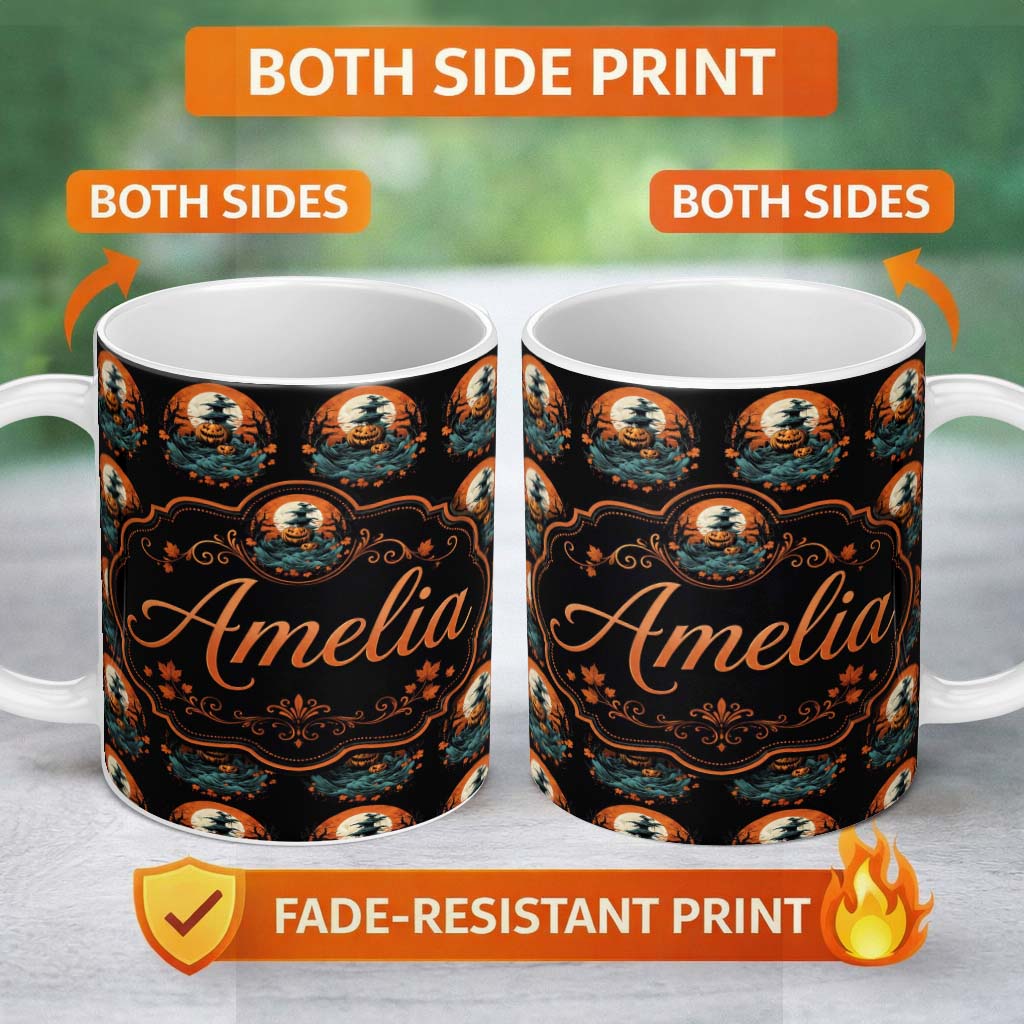 Personalized Custom Name Haunted Pumpkin Landscape with Moon and Trees Seamless Pattern Name 11oz Ceramic Coffee Tea Mug White Large Handle