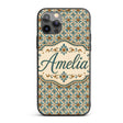 Blue Floral Ceramic Tile Pattern Vintage Style Custom Name Protective Phone Case Mobile Cover Durable Everyday Smartphone Shock Resistant