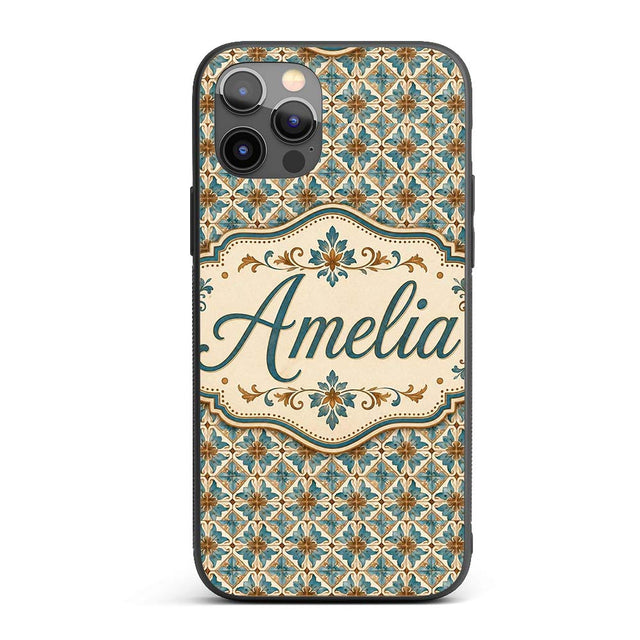 Blue Floral Ceramic Tile Pattern Vintage Style Custom Name Protective Phone Case Mobile Cover Durable Everyday Smartphone Shock Resistant