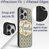 Blue Floral Ceramic Tile Pattern Vintage Style Custom Name Protective Phone Case Mobile Cover Durable Everyday Smartphone Shock Resistant