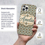 Blue Floral Ceramic Tile Pattern Vintage Style Custom Name Protective Phone Case Mobile Cover Durable Everyday Smartphone Shock Resistant