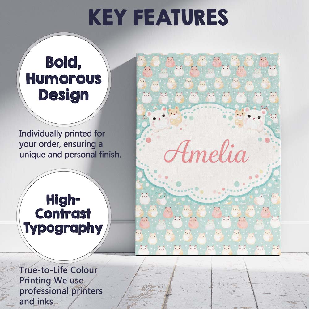 Personalised Name Pastel Cute Hamster Soft Polka Dot Seamless Custom Contemporary Display Canvas Wall Art Print Decor Picture Ready to Hang