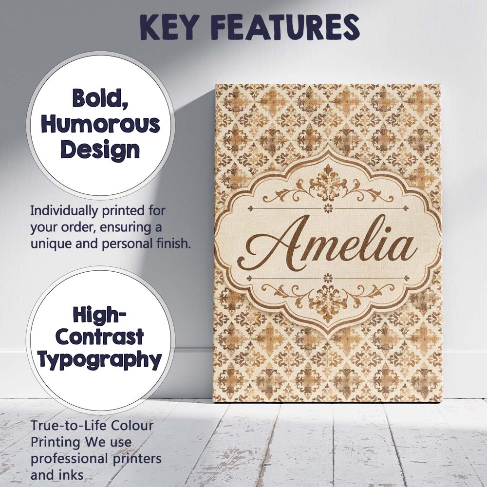 Personalised Name Classic Beige Damask Custom  Modern Room Accent Elegant Feature Canvas Wall Art Print Decor Picture Ready to Hang