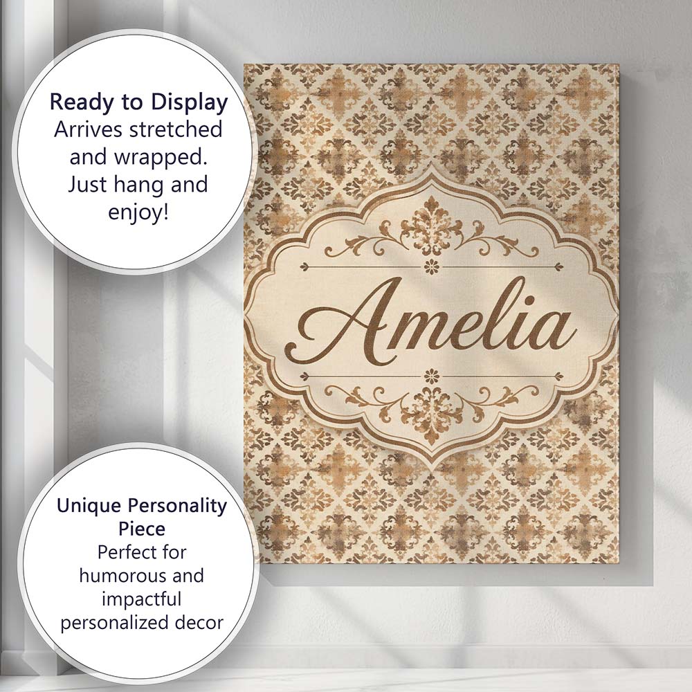 Personalised Name Classic Beige Damask Custom  Modern Room Accent Elegant Feature Canvas Wall Art Print Decor Picture Ready to Hang