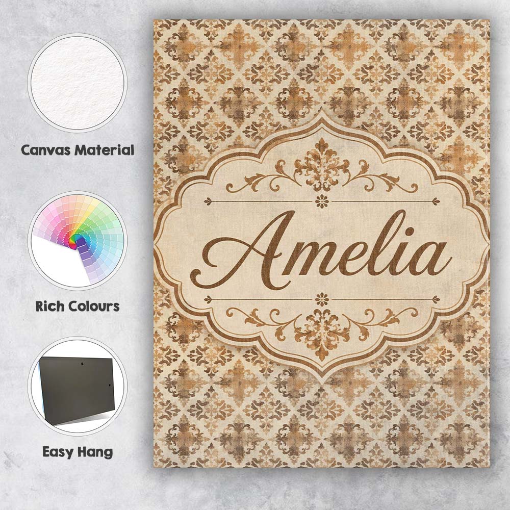 Personalised Name Classic Beige Damask Custom  Modern Room Accent Elegant Feature Canvas Wall Art Print Decor Picture Ready to Hang