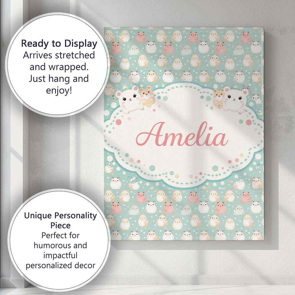 Personalised Name Pastel Cute Hamster Soft Polka Dot Seamless Custom Contemporary Display Canvas Wall Art Print Decor Picture Ready to Hang