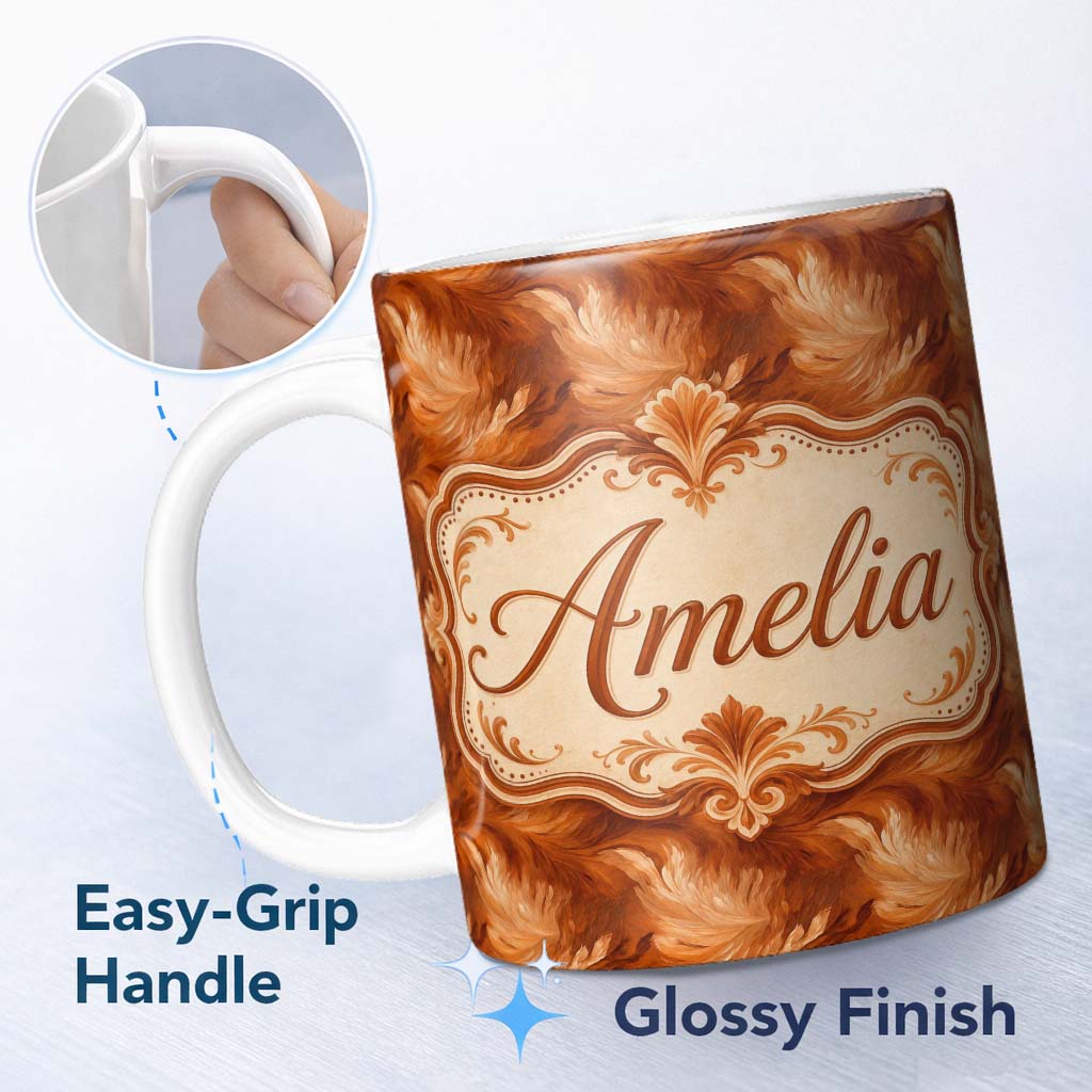 Personalized Custom Name Abstract Orange Brush Stroke Texture Seamless Pattern Artistic 11oz Ceramic Coffee Tea Mug White Large Handle