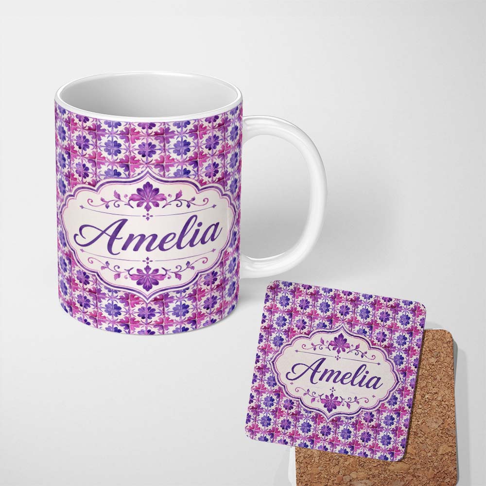 Personalized Custom Name Purple Watercolor Tile Floral Pattern Seamless Artistic Design Name 11oz Ceramic Coffee Tea Mug White Large Handle