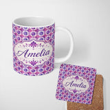 Personalized Custom Name Purple Watercolor Tile Floral Pattern Seamless Artistic Design Name 11oz Ceramic Coffee Tea Mug White Large Handle