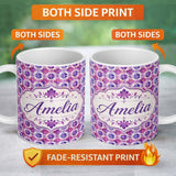 Personalized Custom Name Purple Watercolor Tile Floral Pattern Seamless Artistic Design Name 11oz Ceramic Coffee Tea Mug White Large Handle
