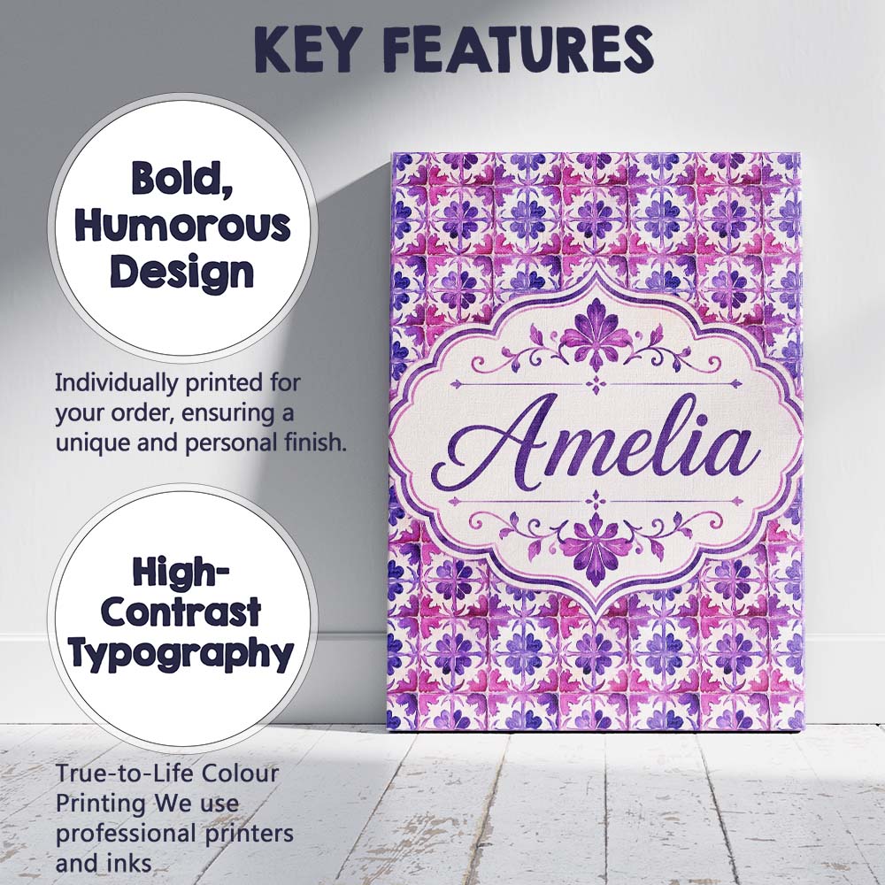 Personalised Name Purple Watercolor Tile Custom  Unique Gift Idea Elegant Feature Canvas Wall Art Print Decor Picture Ready to Hang