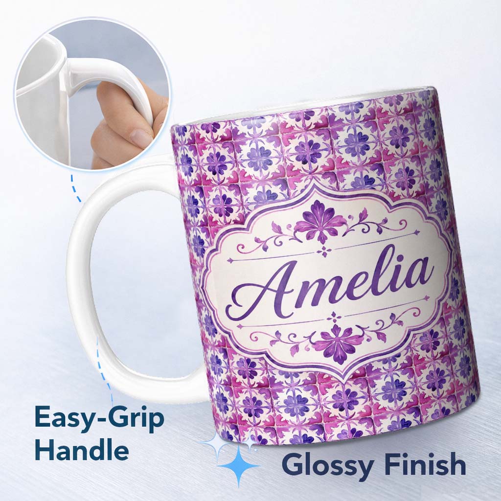 Personalized Custom Name Purple Watercolor Tile Floral Pattern Seamless Artistic Design Name 11oz Ceramic Coffee Tea Mug White Large Handle