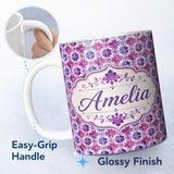 Personalized Custom Name Purple Watercolor Tile Floral Pattern Seamless Artistic Design Name 11oz Ceramic Coffee Tea Mug White Large Handle