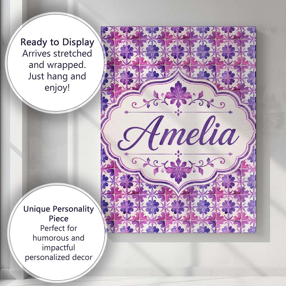 Personalised Name Purple Watercolor Tile Custom  Unique Gift Idea Elegant Feature Canvas Wall Art Print Decor Picture Ready to Hang
