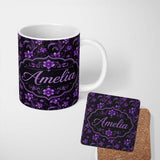 Personalized Custom Name Elegant Purple Floral Swirl Pattern on Black Background Seamless 11oz Ceramic Coffee Tea Mug White Large Handle