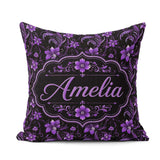 Custom Name Elegant Purple Floral Swirl Pattern Black Background Square Filled Cushion Throw Pillow Sofa Bed Home Decor Zip Washable UK Made