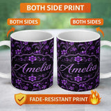 Personalized Custom Name Elegant Purple Floral Swirl Pattern on Black Background Seamless 11oz Ceramic Coffee Tea Mug White Large Handle