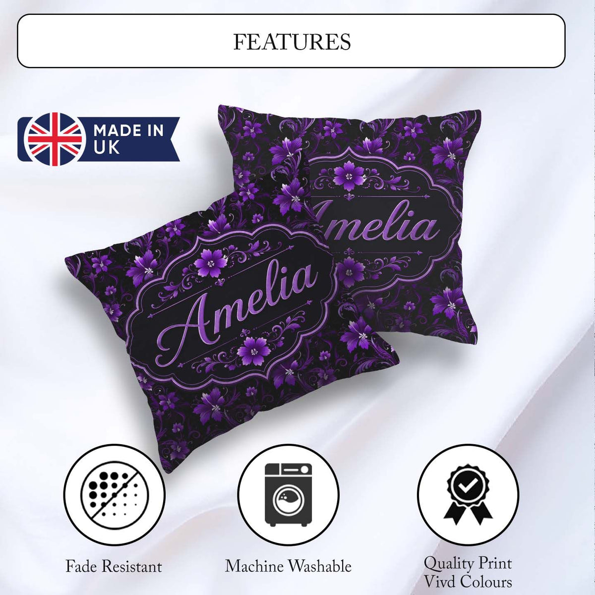 Custom Name Elegant Purple Floral Swirl Pattern Black Background Square Filled Cushion Throw Pillow Sofa Bed Home Decor Zip Washable UK Made