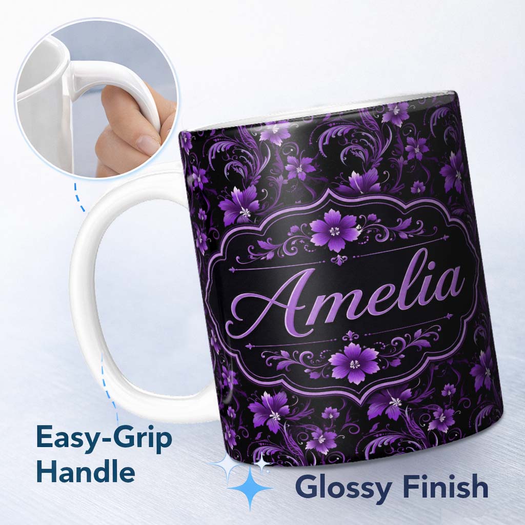 Personalized Custom Name Elegant Purple Floral Swirl Pattern on Black Background Seamless 11oz Ceramic Coffee Tea Mug White Large Handle