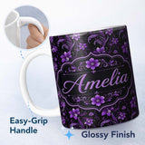 Personalized Custom Name Elegant Purple Floral Swirl Pattern on Black Background Seamless 11oz Ceramic Coffee Tea Mug White Large Handle