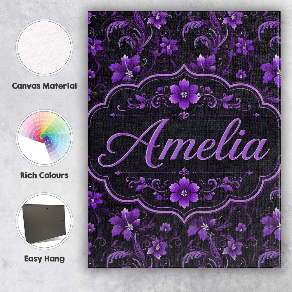 Personalised Name Elegant Purple Floral Custom  Unique Gift Idea Modern Room Accent Canvas Wall Art Print Decor Picture Ready to Hang