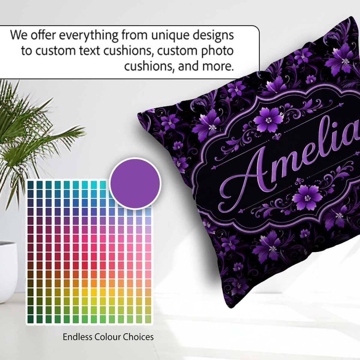Custom Name Elegant Purple Floral Swirl Pattern Black Background Square Filled Cushion Throw Pillow Sofa Bed Home Decor Zip Washable UK Made