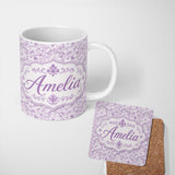 Personalized Custom Name Light Lavender Vintage Floral Vine Pattern Seamless Soft Design 11oz Ceramic Coffee Tea Mug White Large Handle