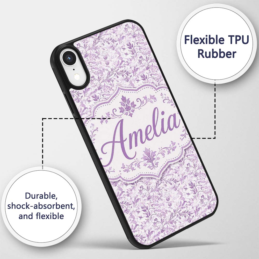 Light Lavender Vintage Floral Vine Printed Design Custom Name Protective Phone Case Mobile Cover Durable Everyday Smartphone Shock Resistant