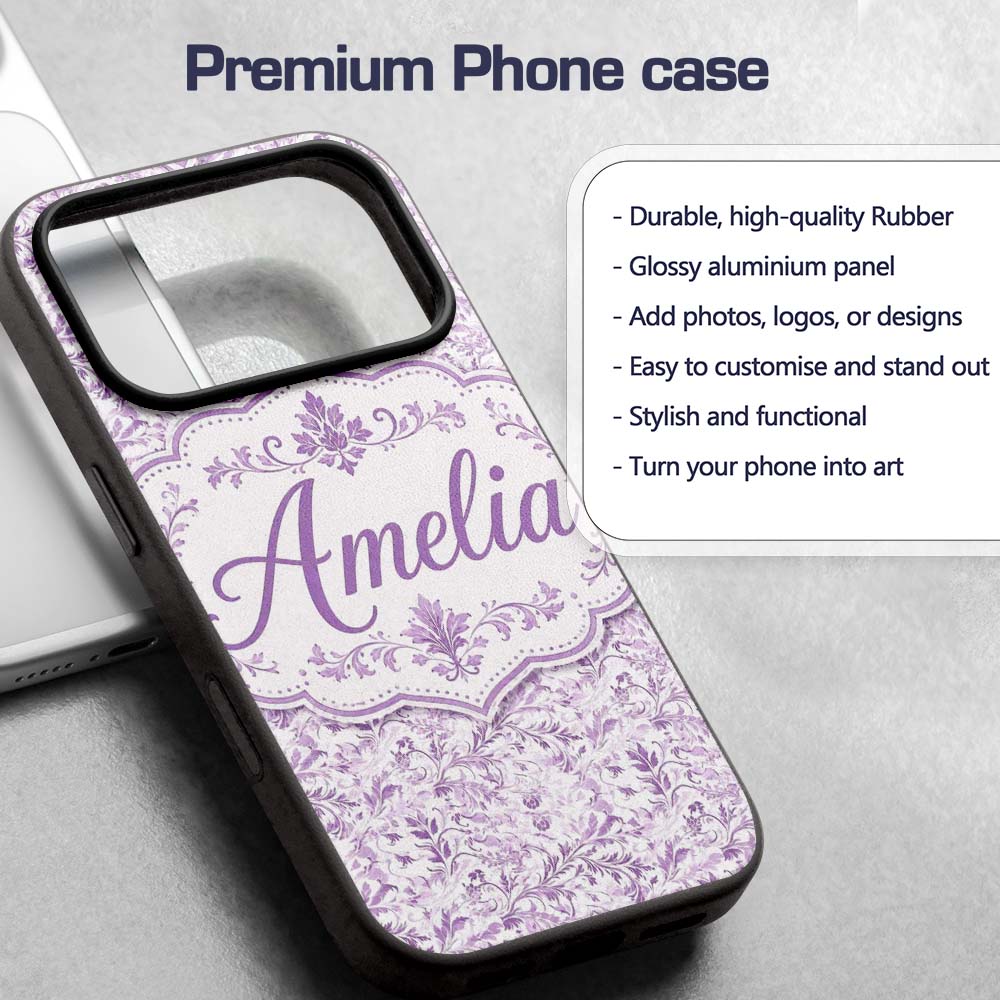 Light Lavender Vintage Floral Vine Printed Design Custom Name Protective Phone Case Mobile Cover Durable Everyday Smartphone Shock Resistant