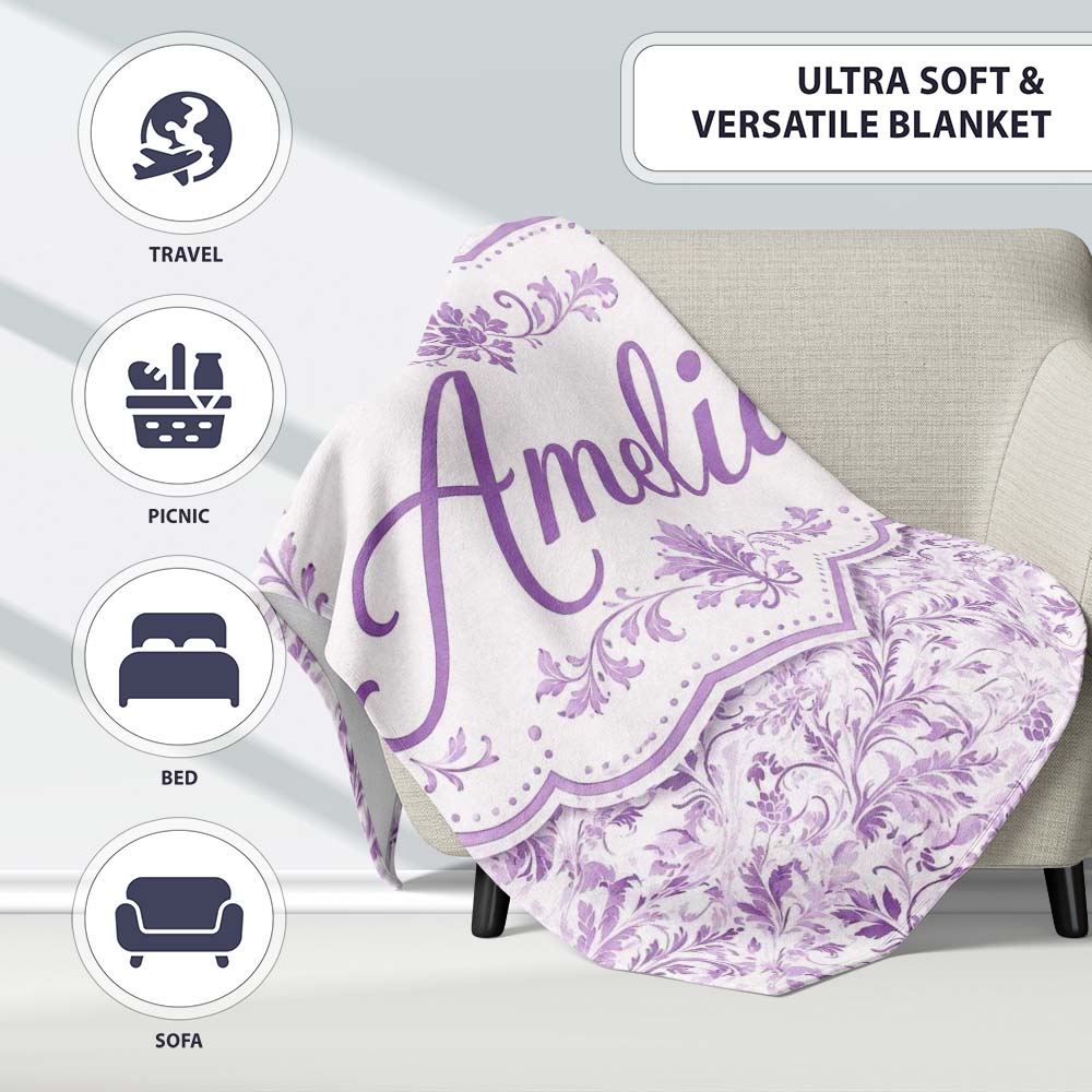 Light Lavender Vintage Floral Vine Pattern Seamless Soft Design  Personalised Custom Name Super Soft Fleece Blanket Bed Sofa Throw
