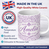 Personalized Custom Name Light Lavender Vintage Floral Vine Pattern Seamless Soft Design 11oz Ceramic Coffee Tea Mug White Large Handle