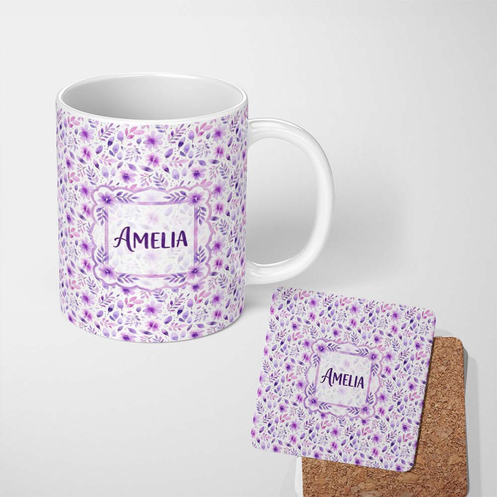 Personalized Custom Name Pastel Purple Watercolor Floral Pattern Seamless Soft Botanical 11oz Ceramic Coffee Tea Mug White Large Handle