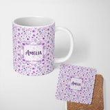 Personalized Custom Name Pastel Purple Watercolor Floral Pattern Seamless Soft Botanical 11oz Ceramic Coffee Tea Mug White Large Handle